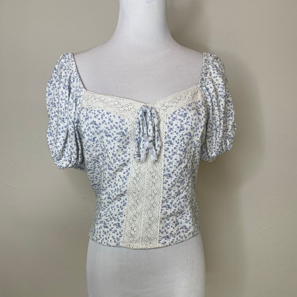 Sienna Sky Blue Calico Print Jersey Puff Sleeve Crop Top Sz Large